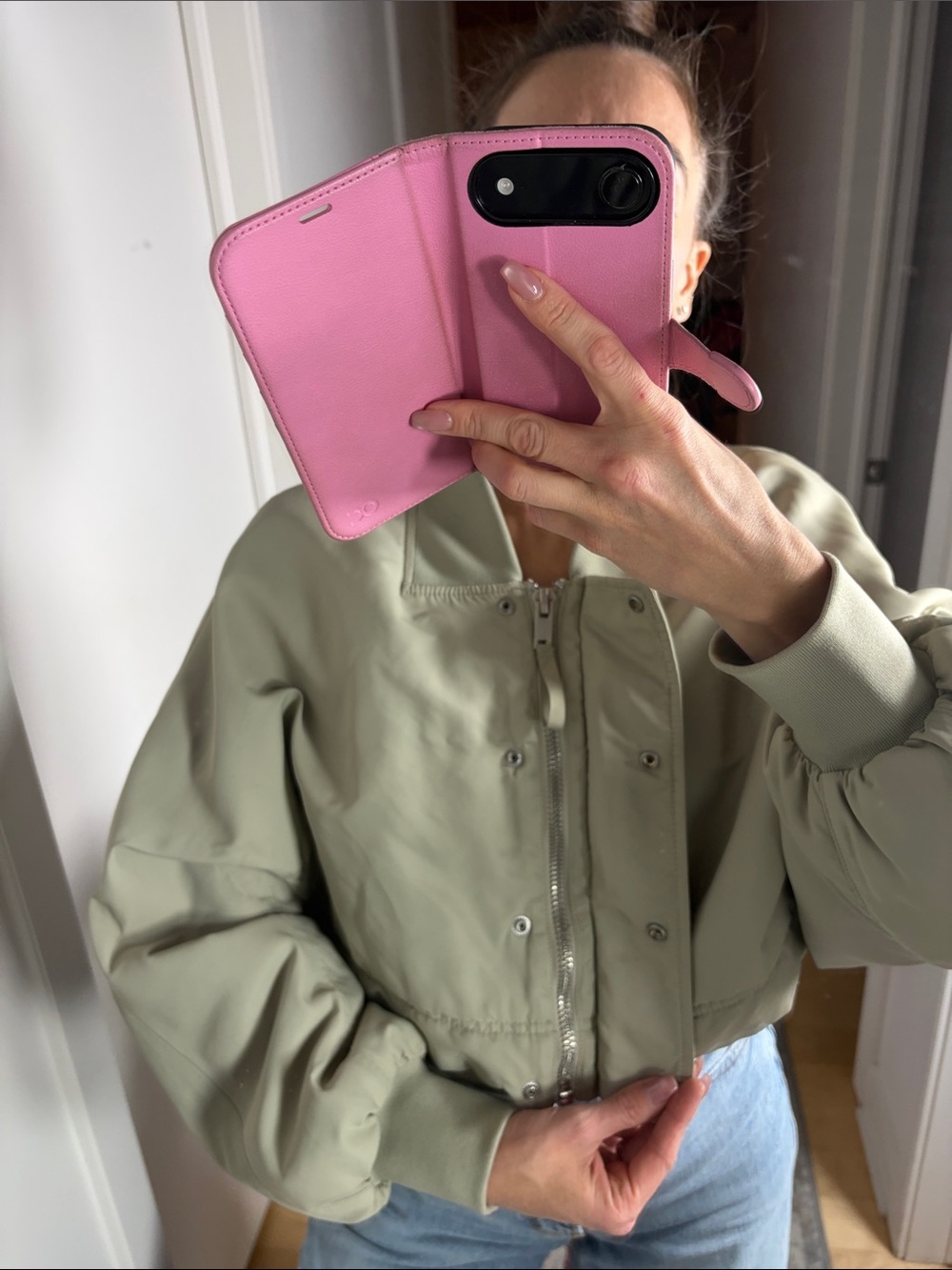 Zara Cropped Bomber Jacket in Sage Green - Picture 3 of 7